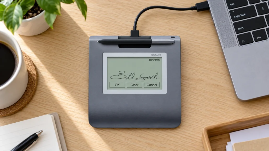 Wacom STU-430 signature pad connected by USB on an office desk