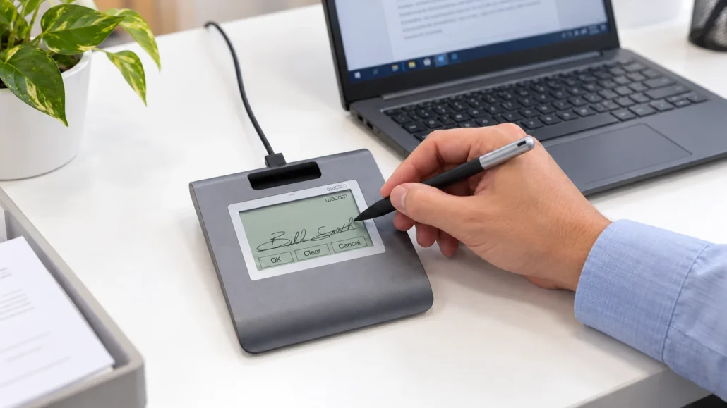 Hand signing on a Wacom STU-430 connected to a laptop