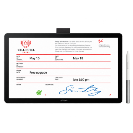Wacom DTH142E pen-and-touch display with stylus on transparent background