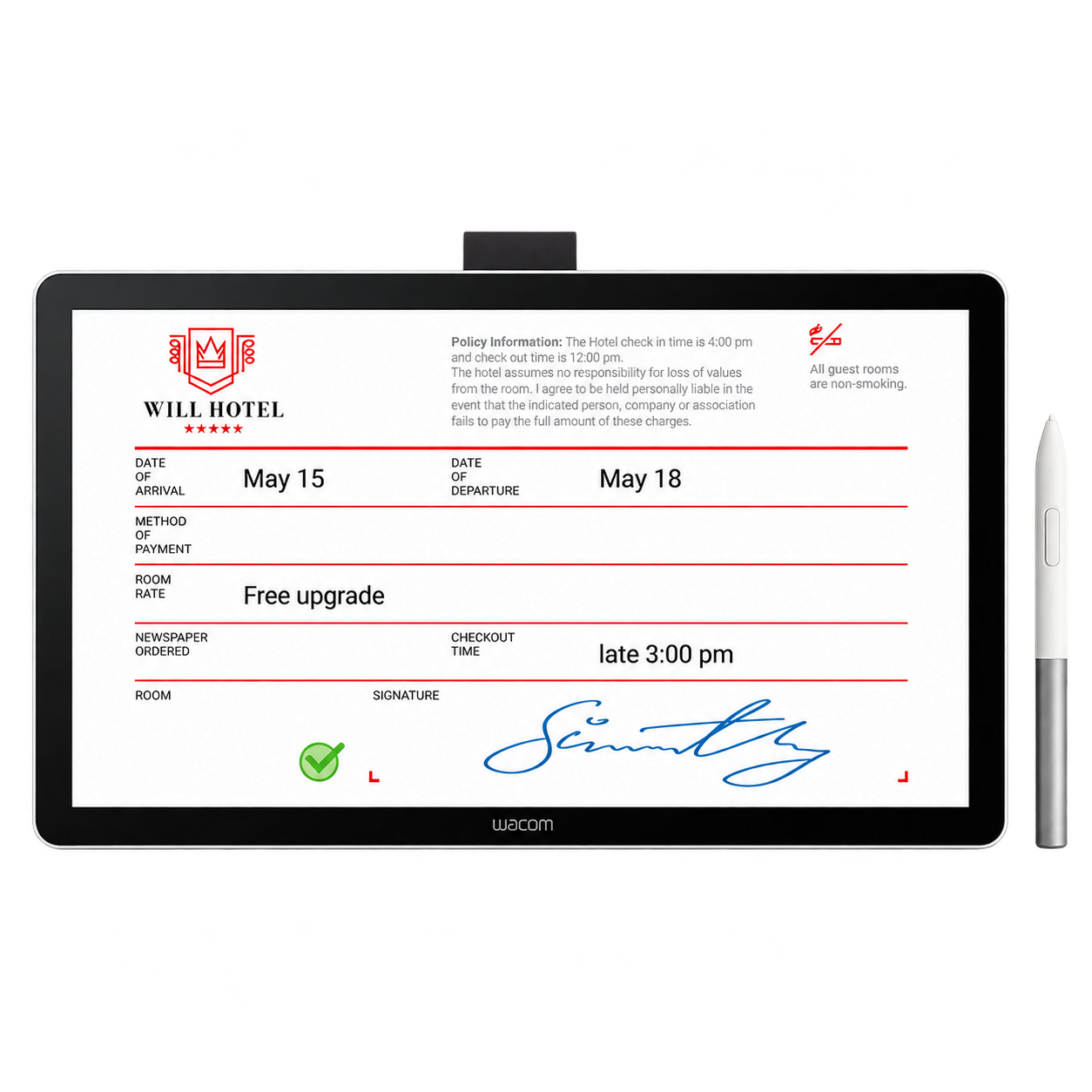 Wacom DTH142E pen-and-touch display with stylus on transparent background